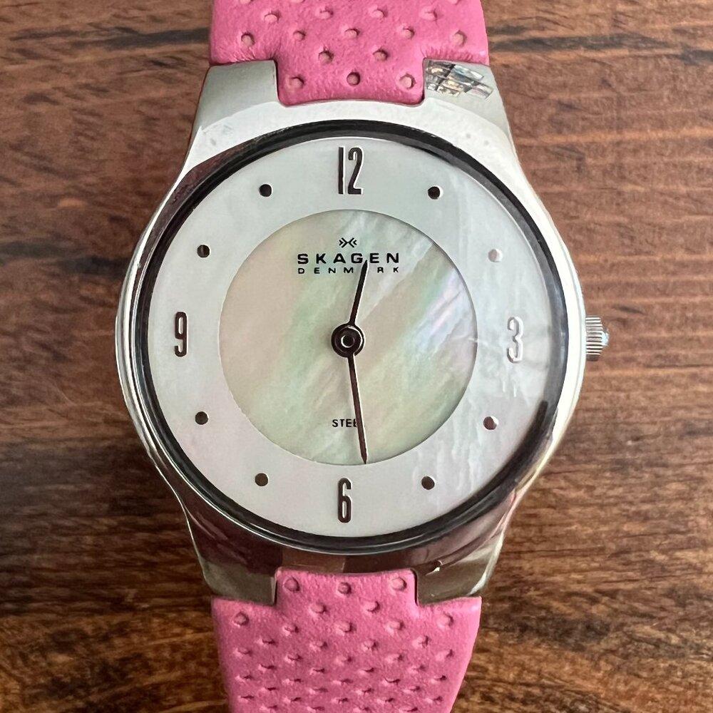 Skagen Denmark - Pink Dotted Leather band w/ Mother of Pearl Watch Face